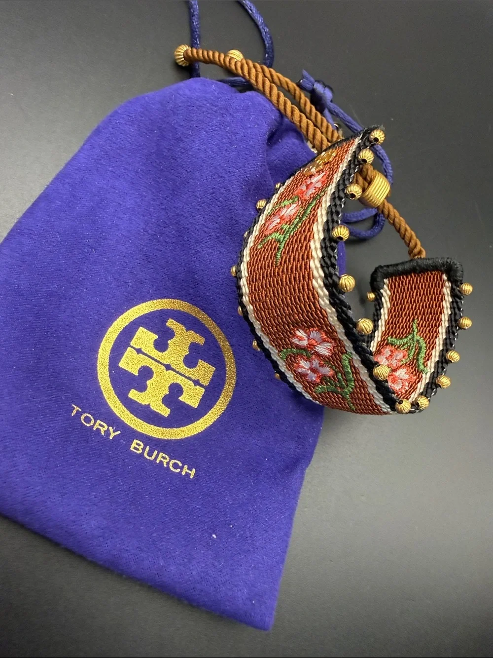 Tory Burch Rust Brown Embroidered Floral Rope Bracelet with Gold Logo